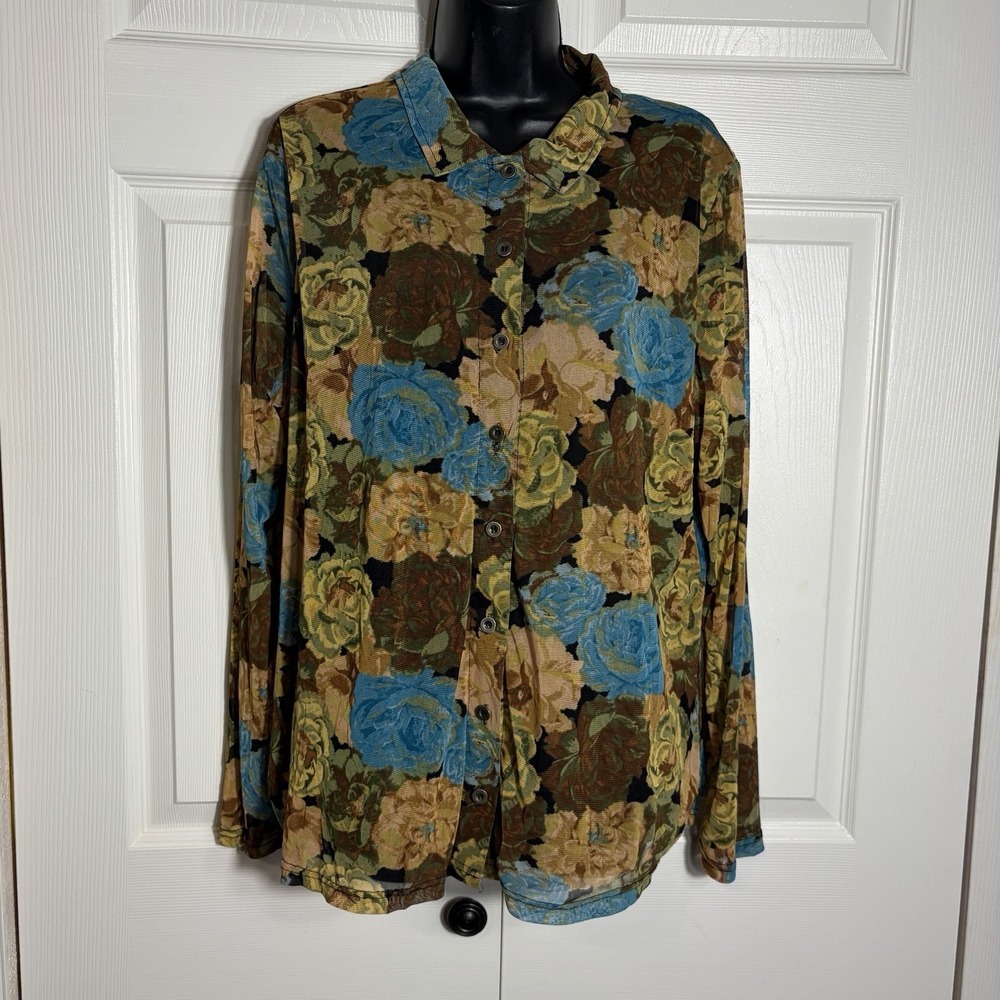 Jane Delancey Mesh Floral Shirt Women XL Blue Yellow Rose Button Up Whimsigoth